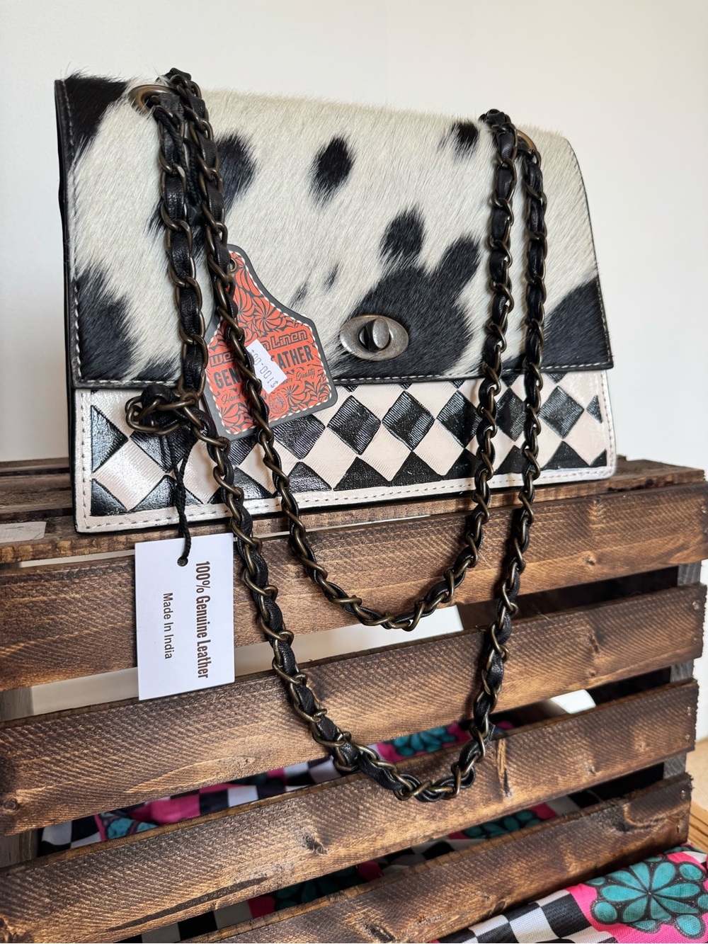 Black & White Cowhide Pattern Shoulder Bag with Chain Strap